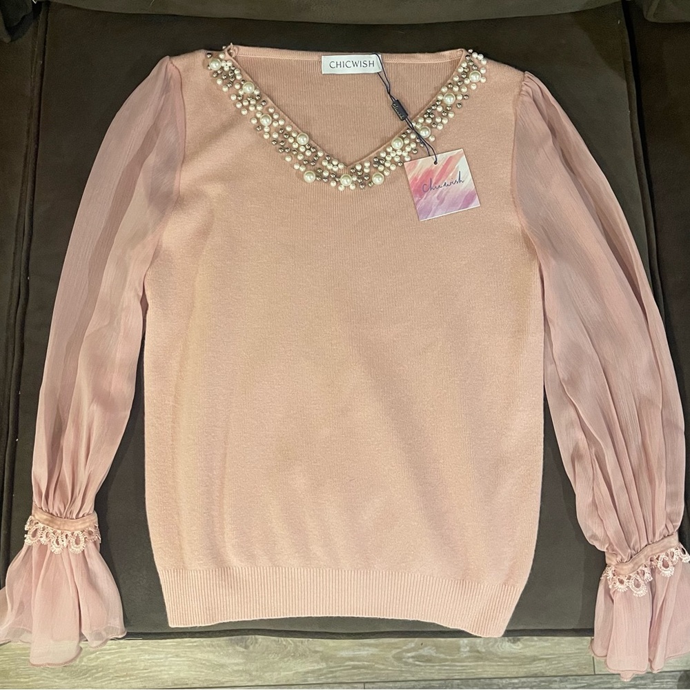 ChicWish Pink ruffle and pearl top Size Small